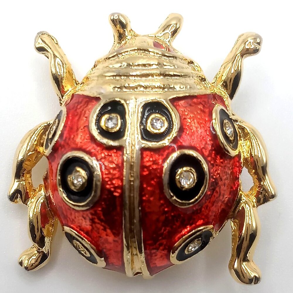 Vintage Ladybug Brooch Red Enamel Gold-Tone Metal Rhinestone Accents Lapel Pin